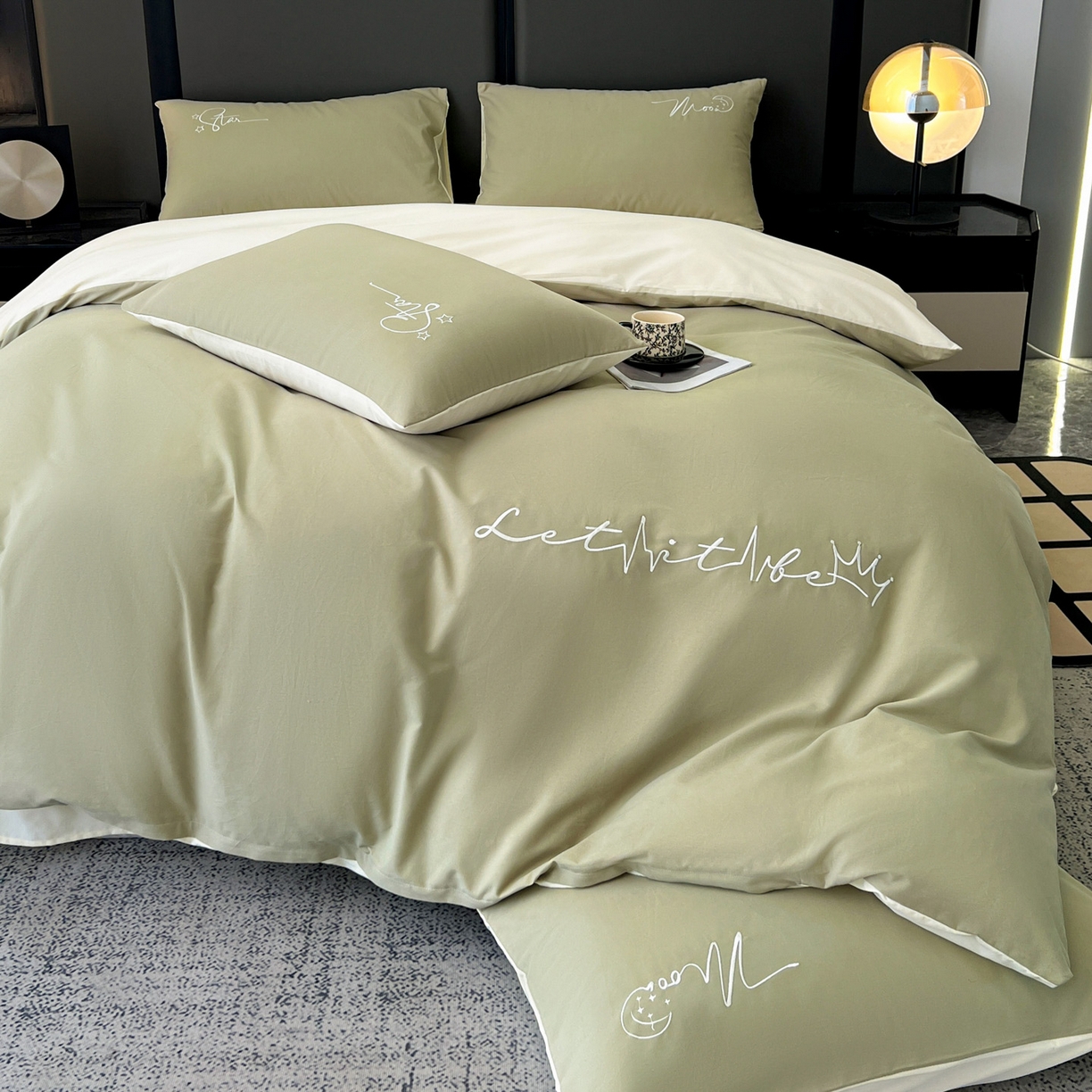 91家纺网 家纺一手货源 找家纺 有点武功  2025新款全棉纯色刺绣磨毛四件套（控价每个尺寸+30元） 果绿黄