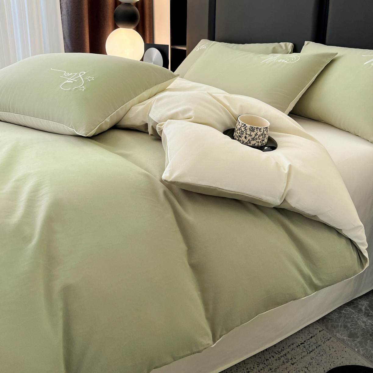 91家纺网 家纺一手货源 找家纺 有点武功  2025新款全棉纯色刺绣磨毛四件套（控价每个尺寸+30元） 果绿黄