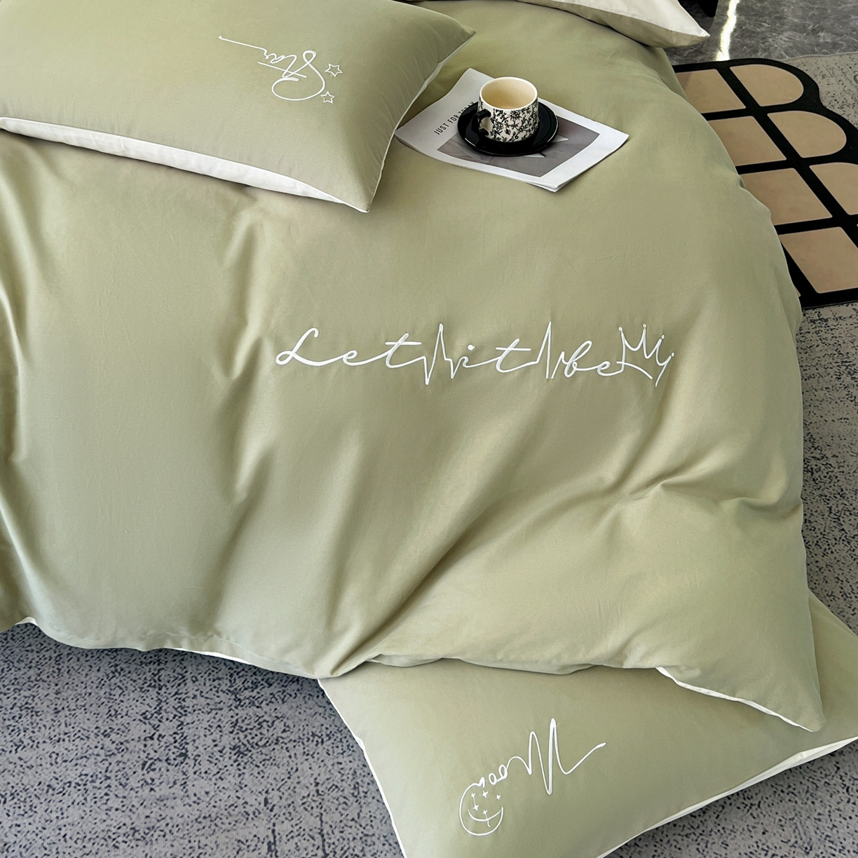 91家纺网 家纺一手货源 找家纺 有点武功  2025新款全棉纯色刺绣磨毛四件套（控价每个尺寸+30元） 果绿黄