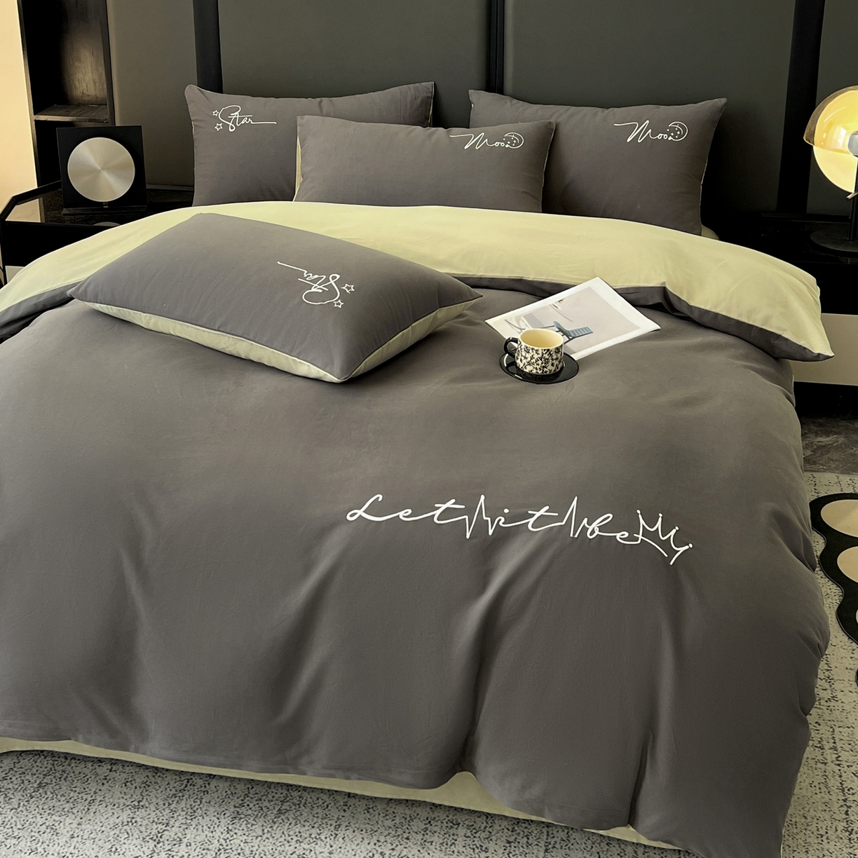 91家纺网 家纺一手货源 找家纺 有点武功  2025新款全棉纯色刺绣磨毛四件套（控价每个尺寸+30元） 黑绿