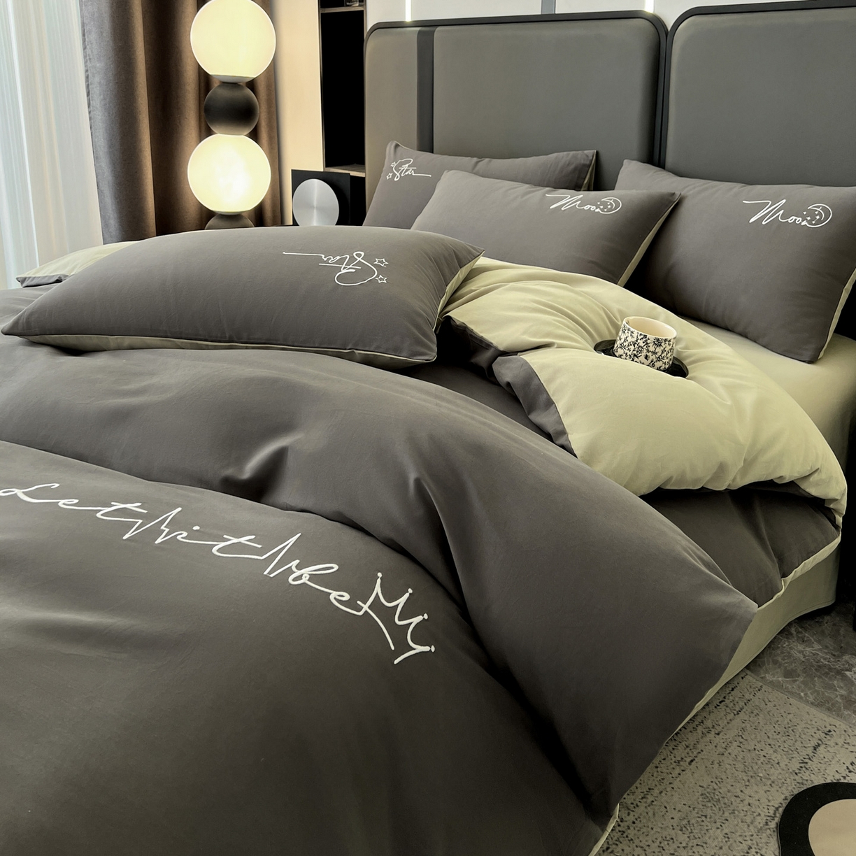 91家纺网 家纺一手货源 找家纺 有点武功  2025新款全棉纯色刺绣磨毛四件套（控价每个尺寸+30元） 黑绿