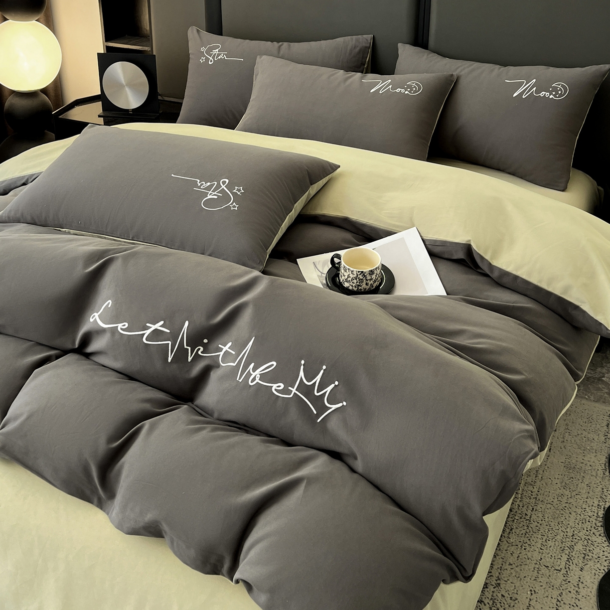 有点武功  2025新款全棉纯色刺绣磨毛四件套（控价每个尺寸+30元） 黑绿