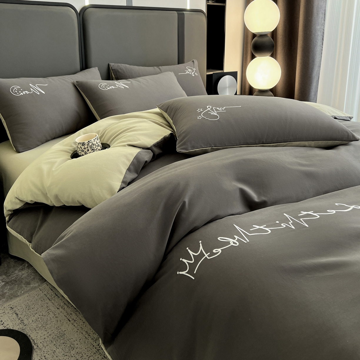 91家纺网 家纺一手货源 找家纺 有点武功  2025新款全棉纯色刺绣磨毛四件套（控价每个尺寸+30元） 黑绿