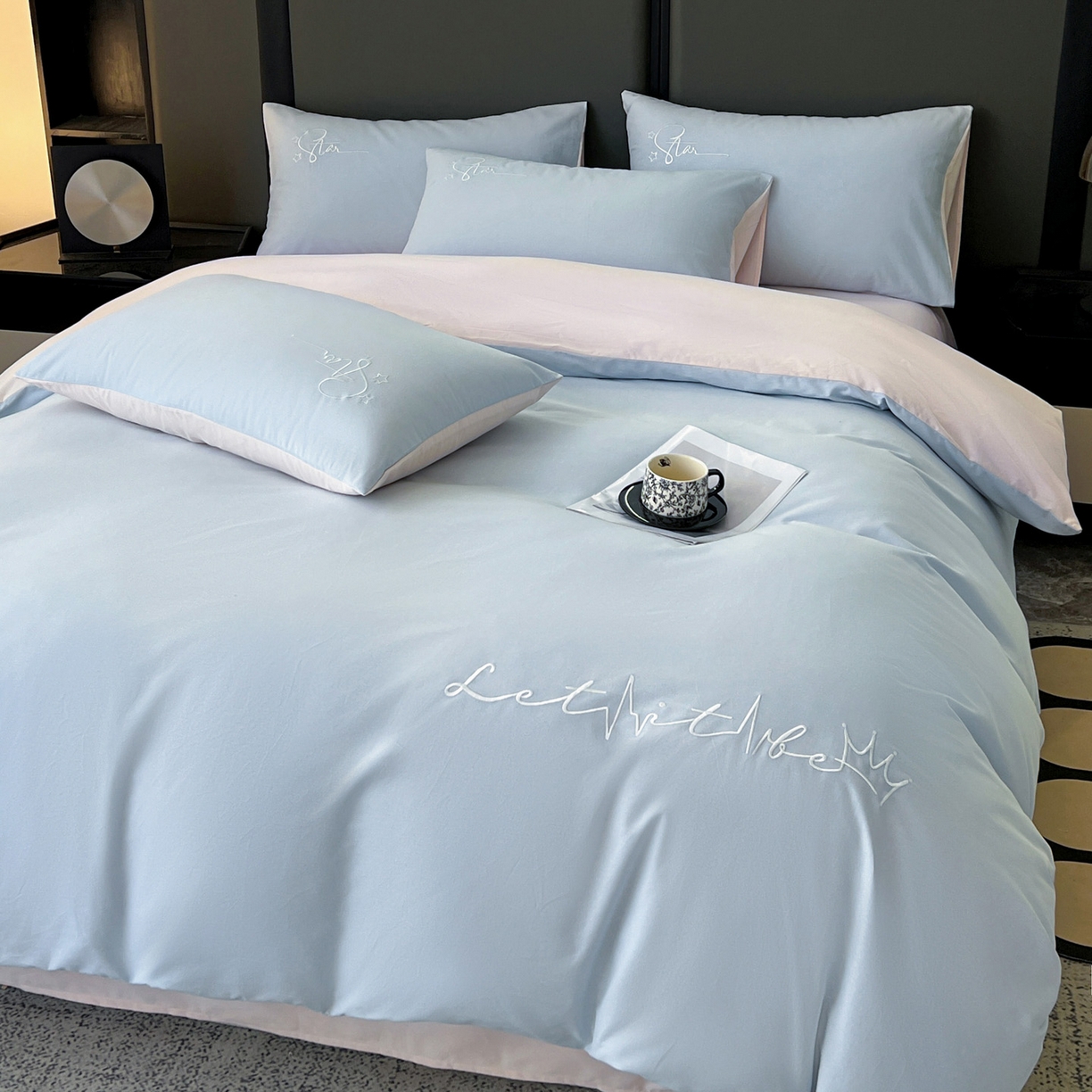 91家纺网 家纺一手货源 找家纺 有点武功  2025新款全棉纯色刺绣磨毛四件套（控价每个尺寸+30元） 浅蓝粉