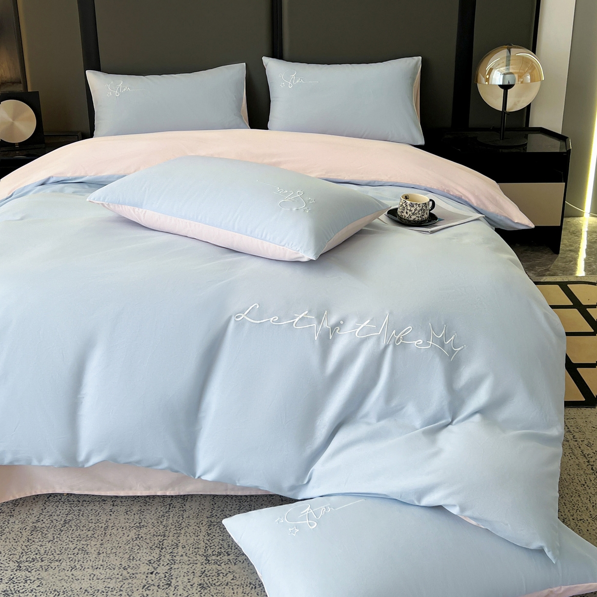 91家纺网 家纺一手货源 找家纺 有点武功  2025新款全棉纯色刺绣磨毛四件套（控价每个尺寸+30元） 浅蓝粉