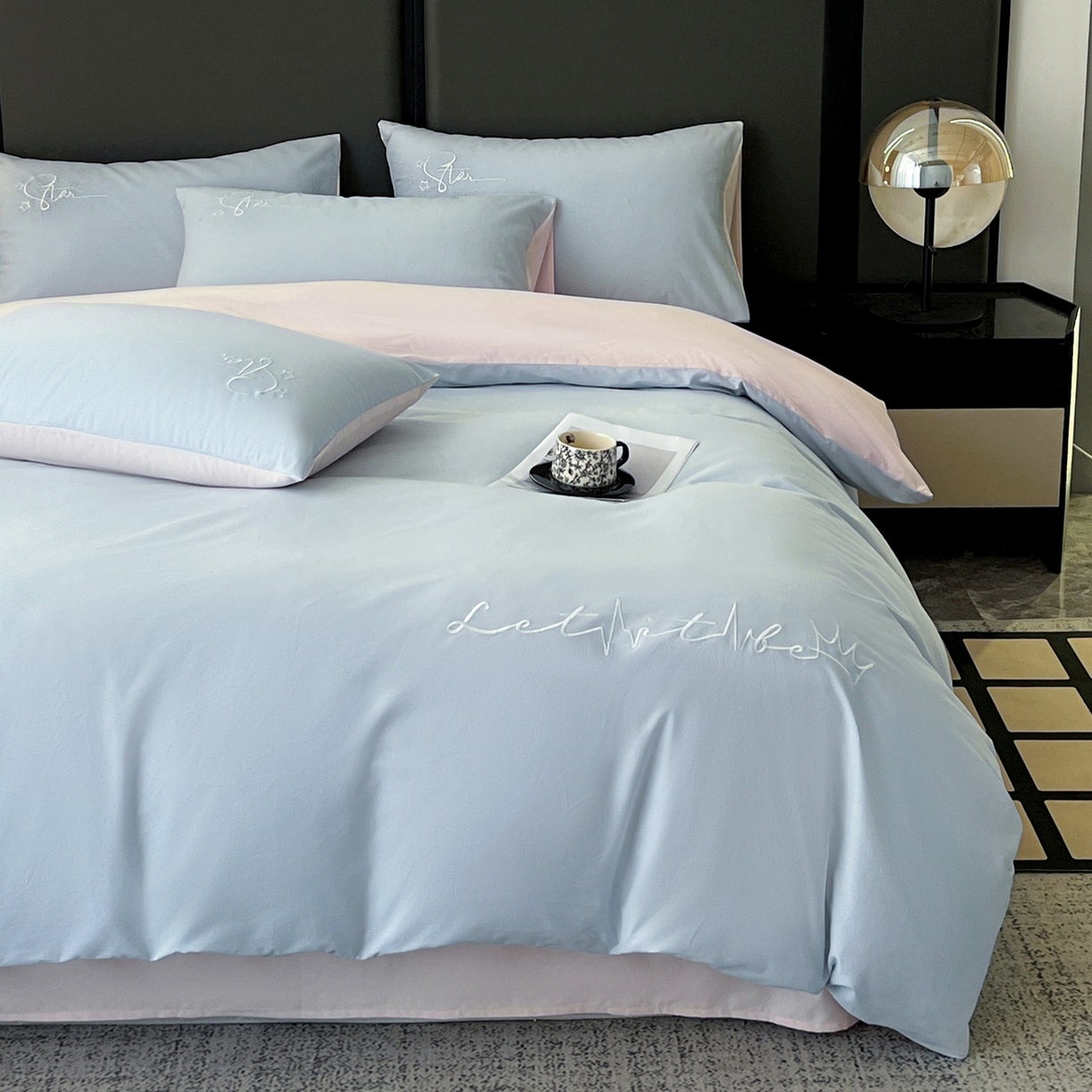 91家纺网 家纺一手货源 找家纺 有点武功  2025新款全棉纯色刺绣磨毛四件套（控价每个尺寸+30元） 浅蓝粉