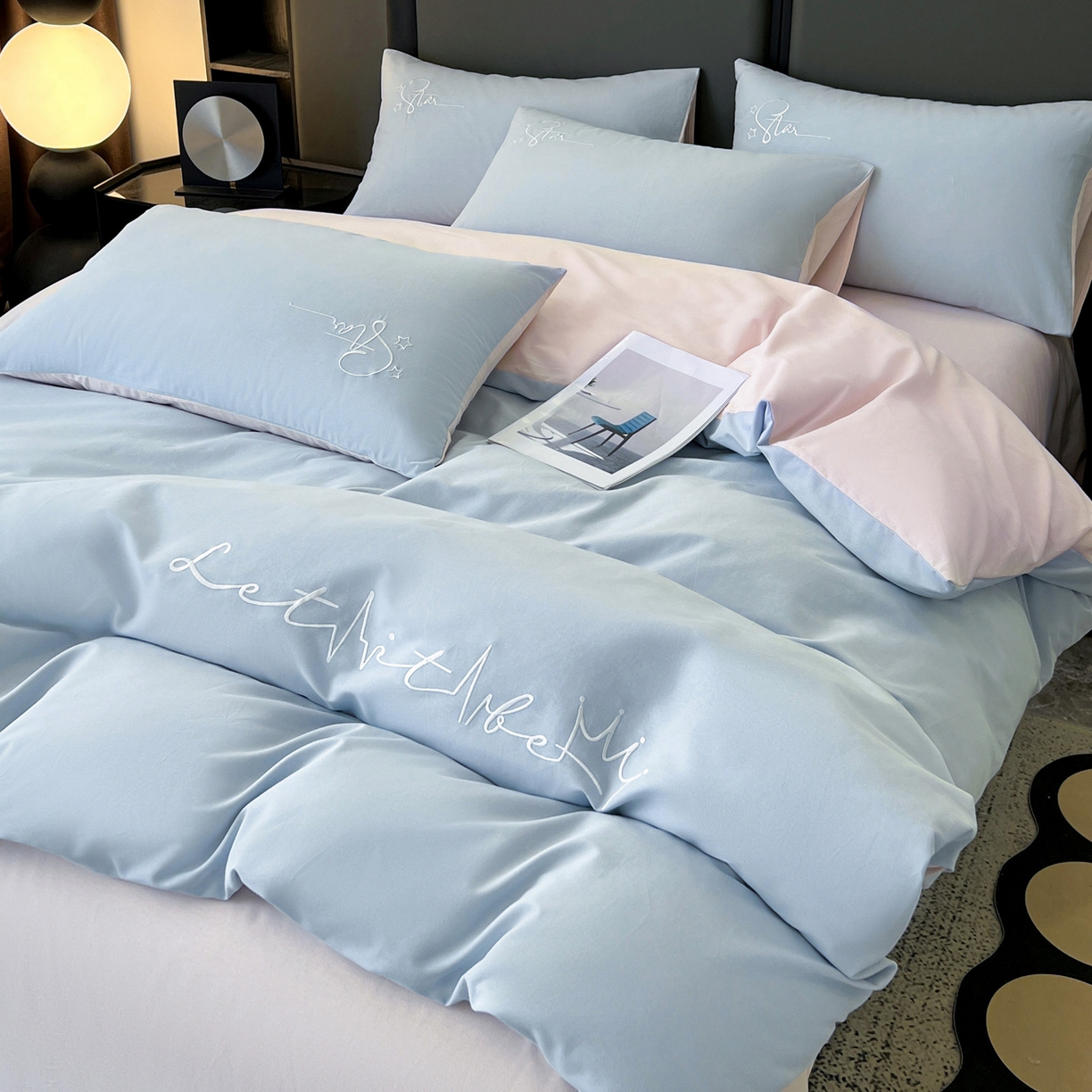 有点武功  2025新款全棉纯色刺绣磨毛四件套（控价每个尺寸+30元） 浅蓝粉