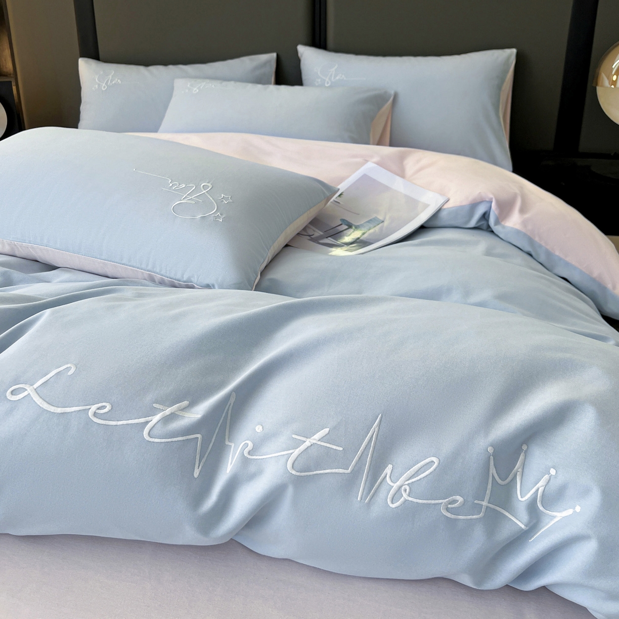 91家纺网 家纺一手货源 找家纺 有点武功  2025新款全棉纯色刺绣磨毛四件套（控价每个尺寸+30元） 浅蓝粉