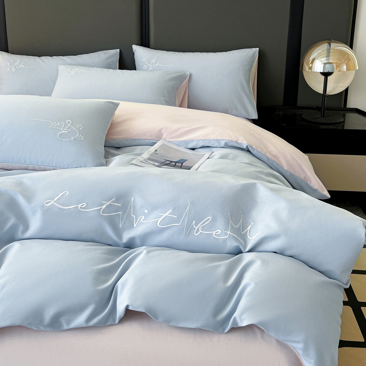 91家纺网 家纺一手货源 找家纺 有点武功  2025新款全棉纯色刺绣磨毛四件套（控价每个尺寸+30元） 浅蓝粉