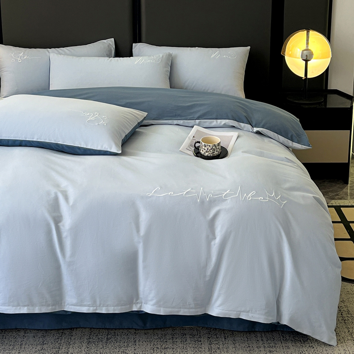 91家纺网 家纺一手货源 找家纺 有点武功  2025新款全棉纯色刺绣磨毛四件套（控价每个尺寸+30元） 浅蓝青