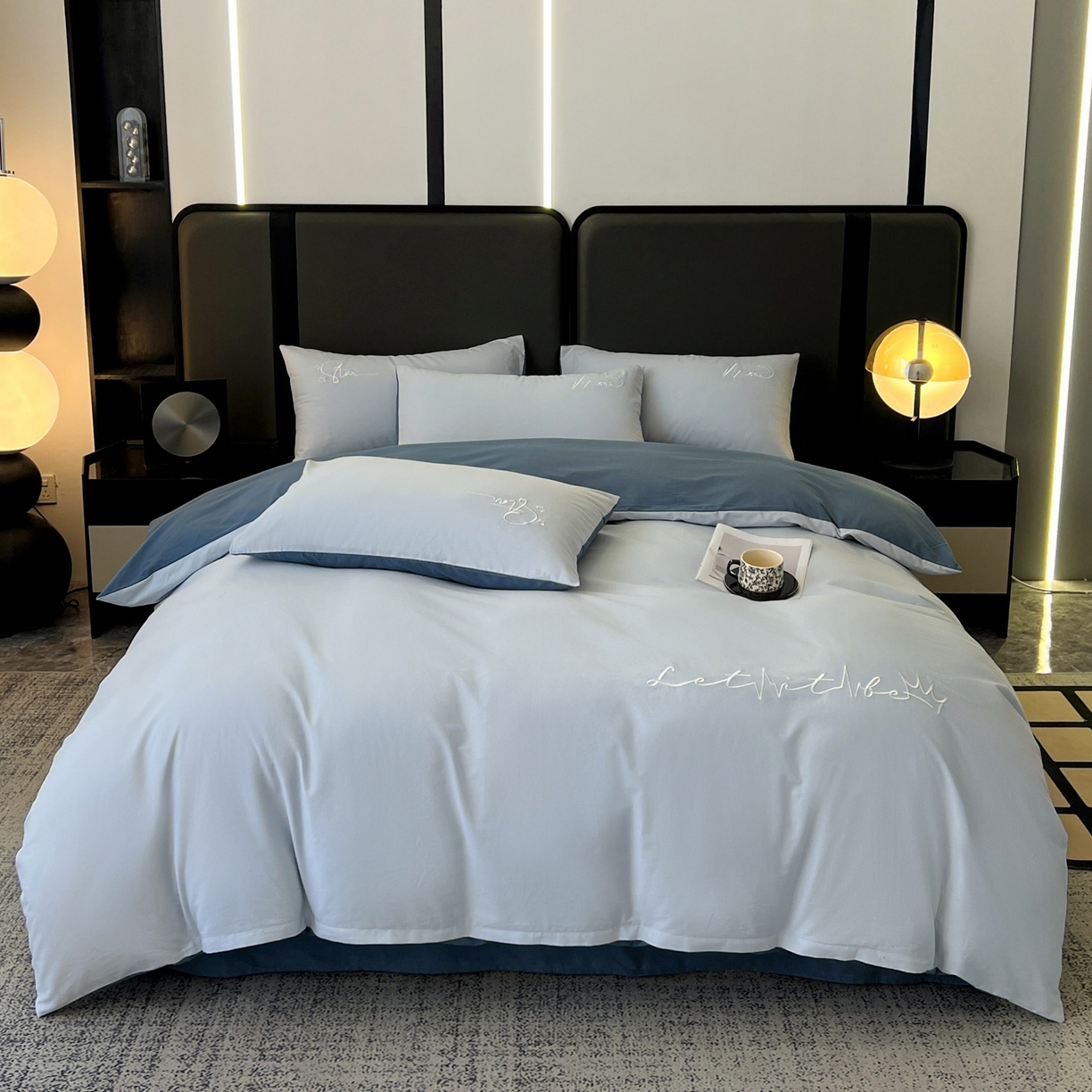 91家纺网 家纺一手货源 找家纺 有点武功  2025新款全棉纯色刺绣磨毛四件套（控价每个尺寸+30元） 浅蓝青