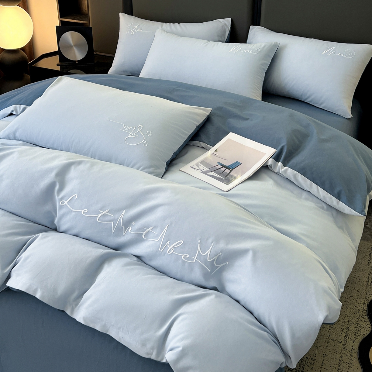 有点武功  2025新款全棉纯色刺绣磨毛四件套（控价每个尺寸+30元） 浅蓝青