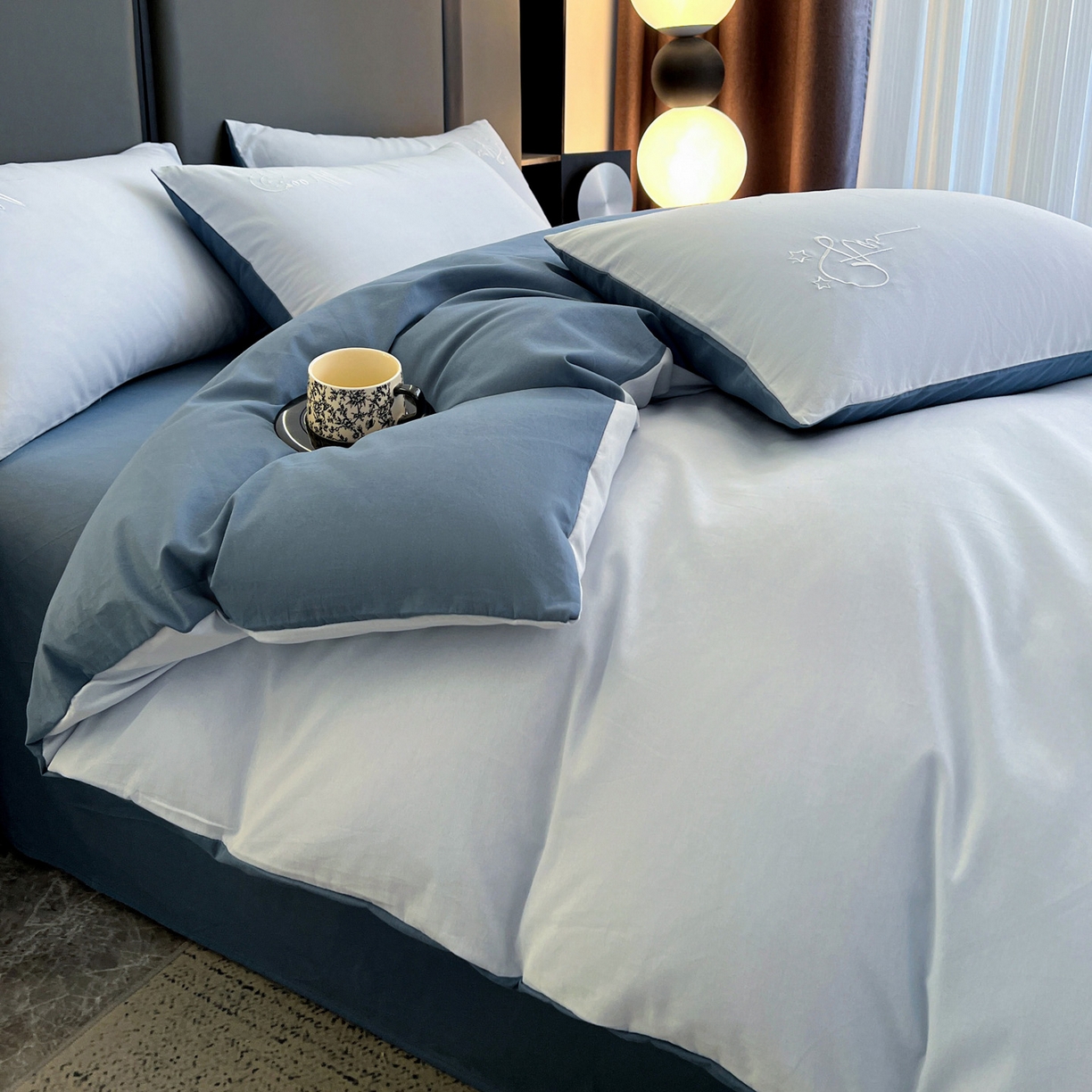 91家纺网 家纺一手货源 找家纺 有点武功  2025新款全棉纯色刺绣磨毛四件套（控价每个尺寸+30元） 浅蓝青