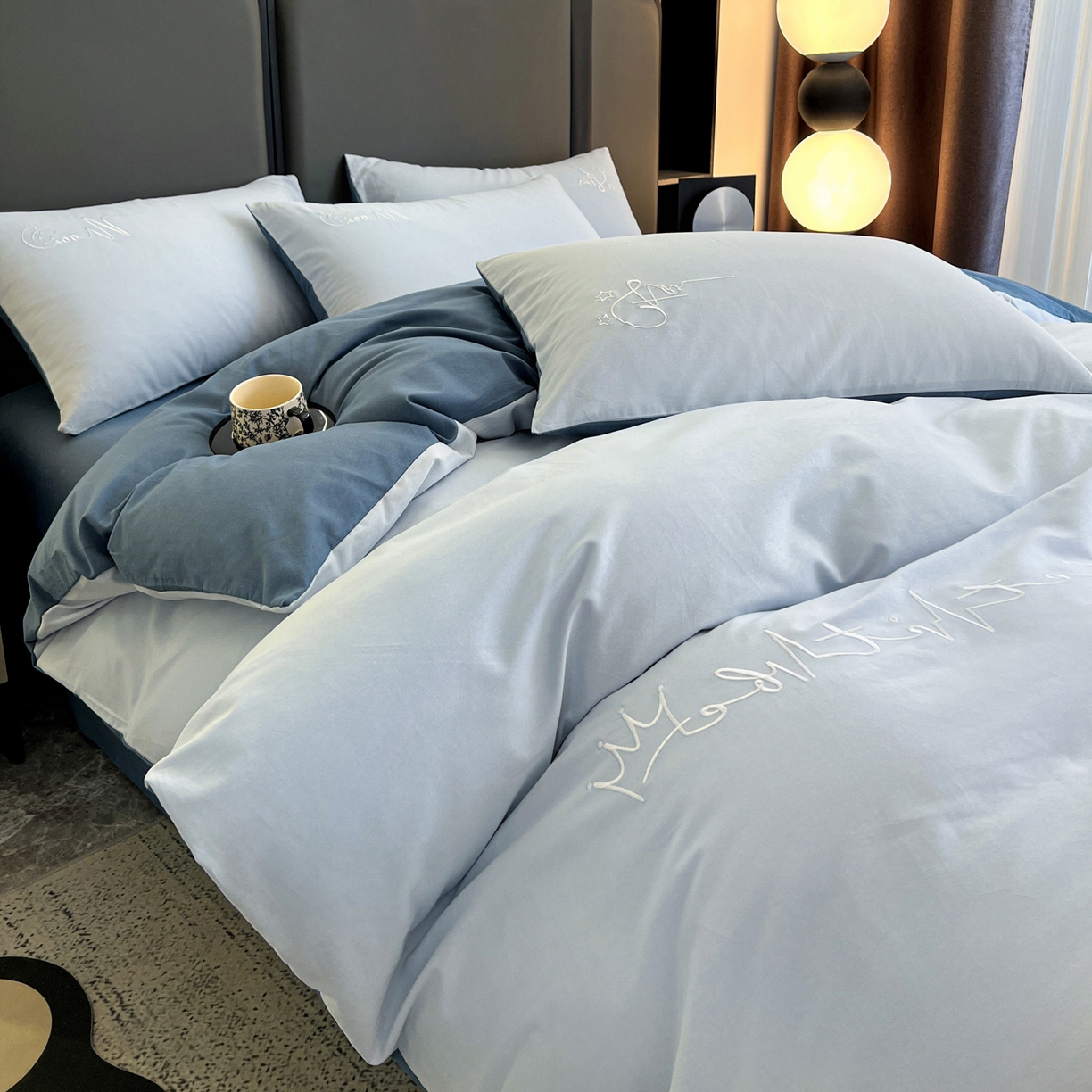 91家纺网 家纺一手货源 找家纺 有点武功  2025新款全棉纯色刺绣磨毛四件套（控价每个尺寸+30元） 浅蓝青