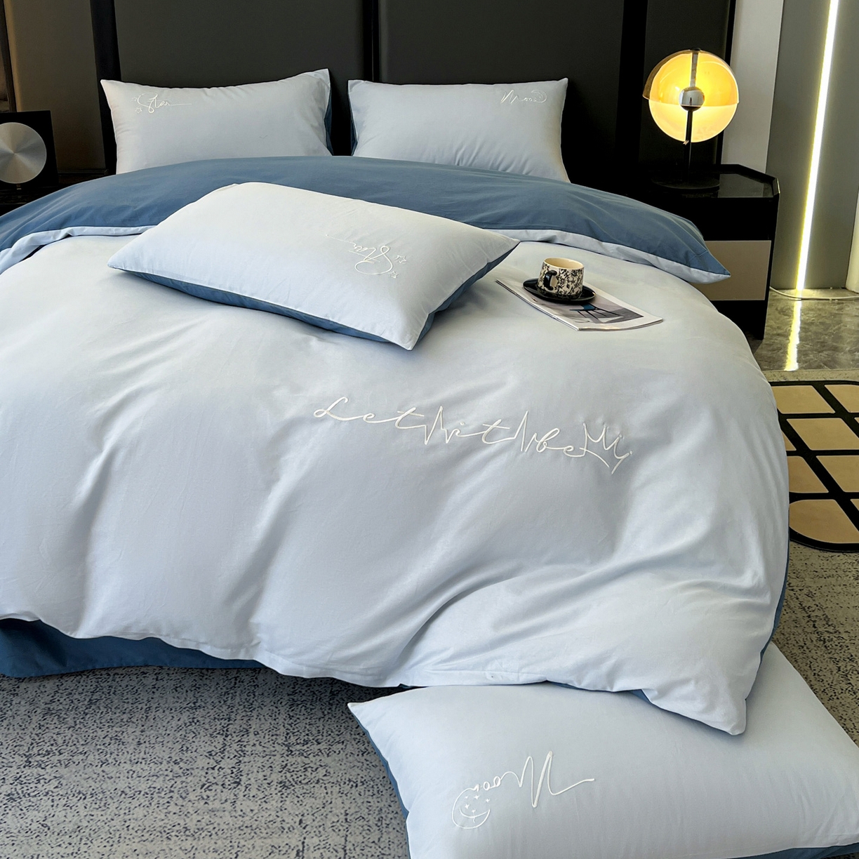 91家纺网 家纺一手货源 找家纺 有点武功  2025新款全棉纯色刺绣磨毛四件套（控价每个尺寸+30元） 浅蓝青