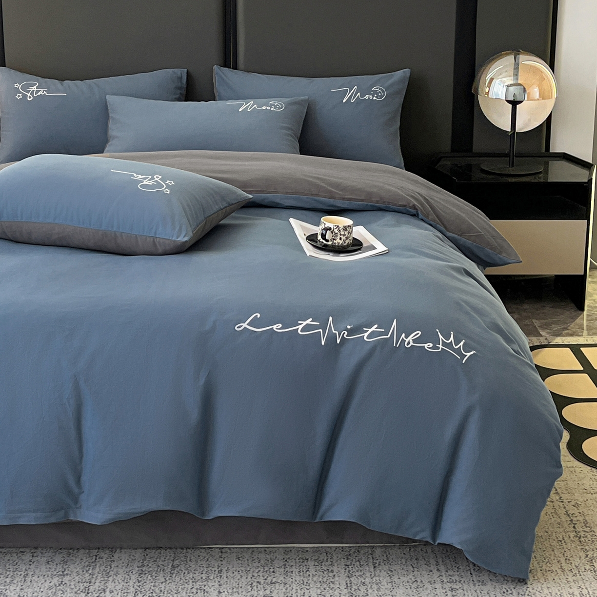 91家纺网 家纺一手货源 找家纺 有点武功  2025新款全棉纯色刺绣磨毛四件套（控价每个尺寸+30元） 深蓝灰