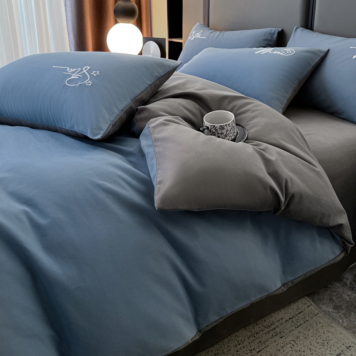 91家纺网 家纺一手货源 找家纺 有点武功  2025新款全棉纯色刺绣磨毛四件套（控价每个尺寸+30元） 深蓝灰