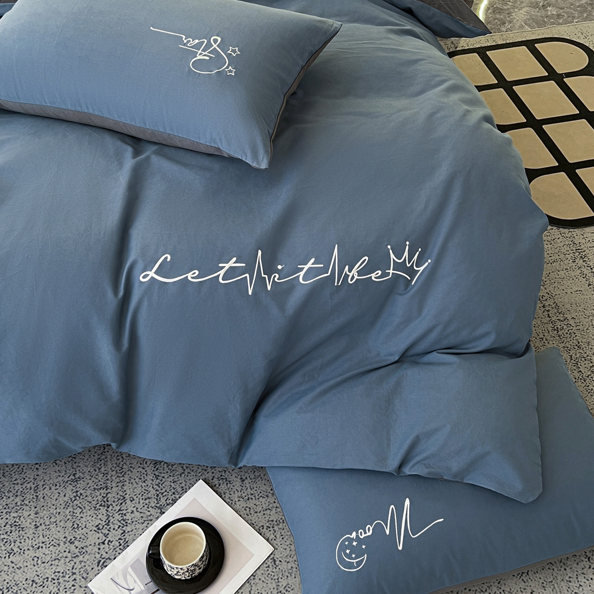 91家纺网 家纺一手货源 找家纺 有点武功  2025新款全棉纯色刺绣磨毛四件套（控价每个尺寸+30元） 深蓝灰