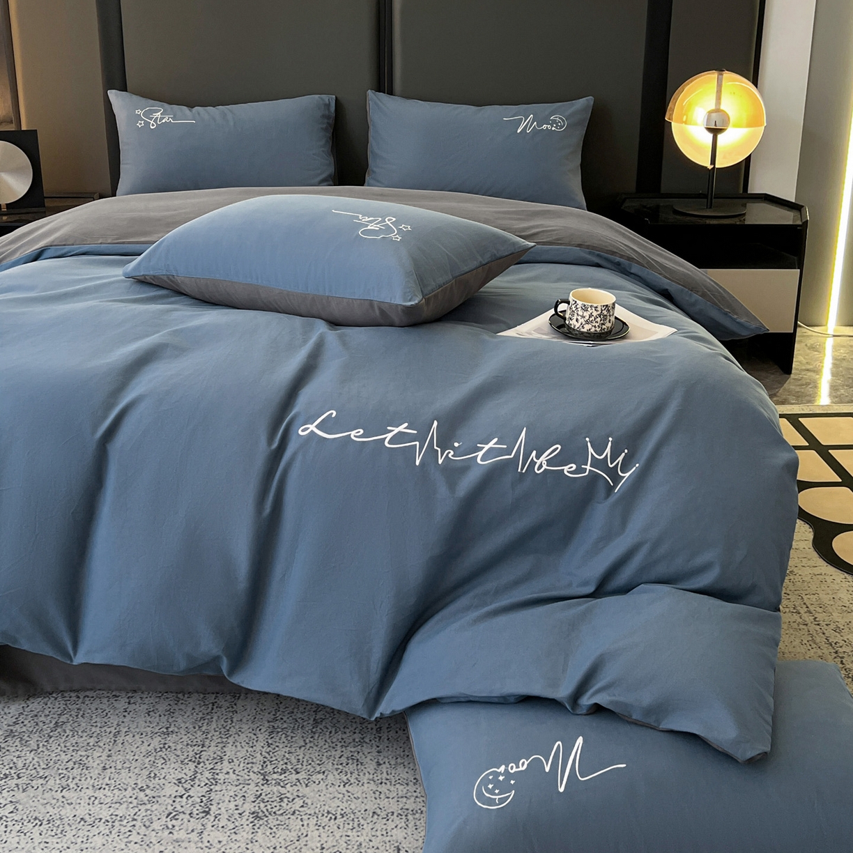 91家纺网 家纺一手货源 找家纺 有点武功  2025新款全棉纯色刺绣磨毛四件套（控价每个尺寸+30元） 深蓝灰