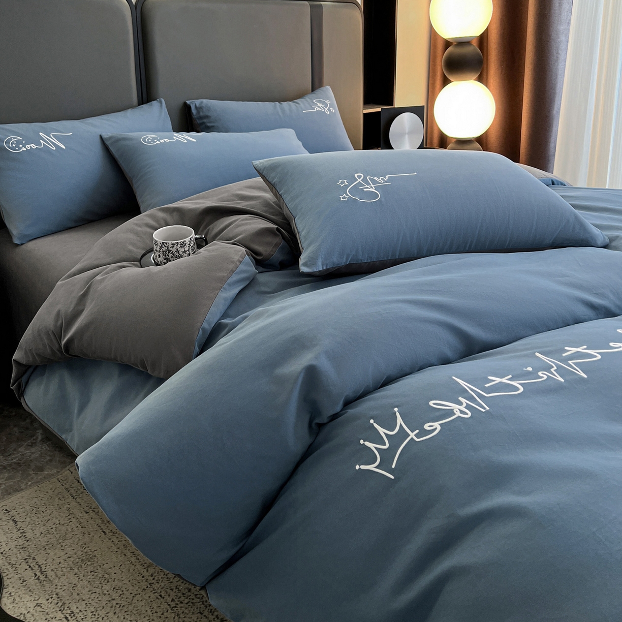 91家纺网 家纺一手货源 找家纺 有点武功  2025新款全棉纯色刺绣磨毛四件套（控价每个尺寸+30元） 深蓝灰