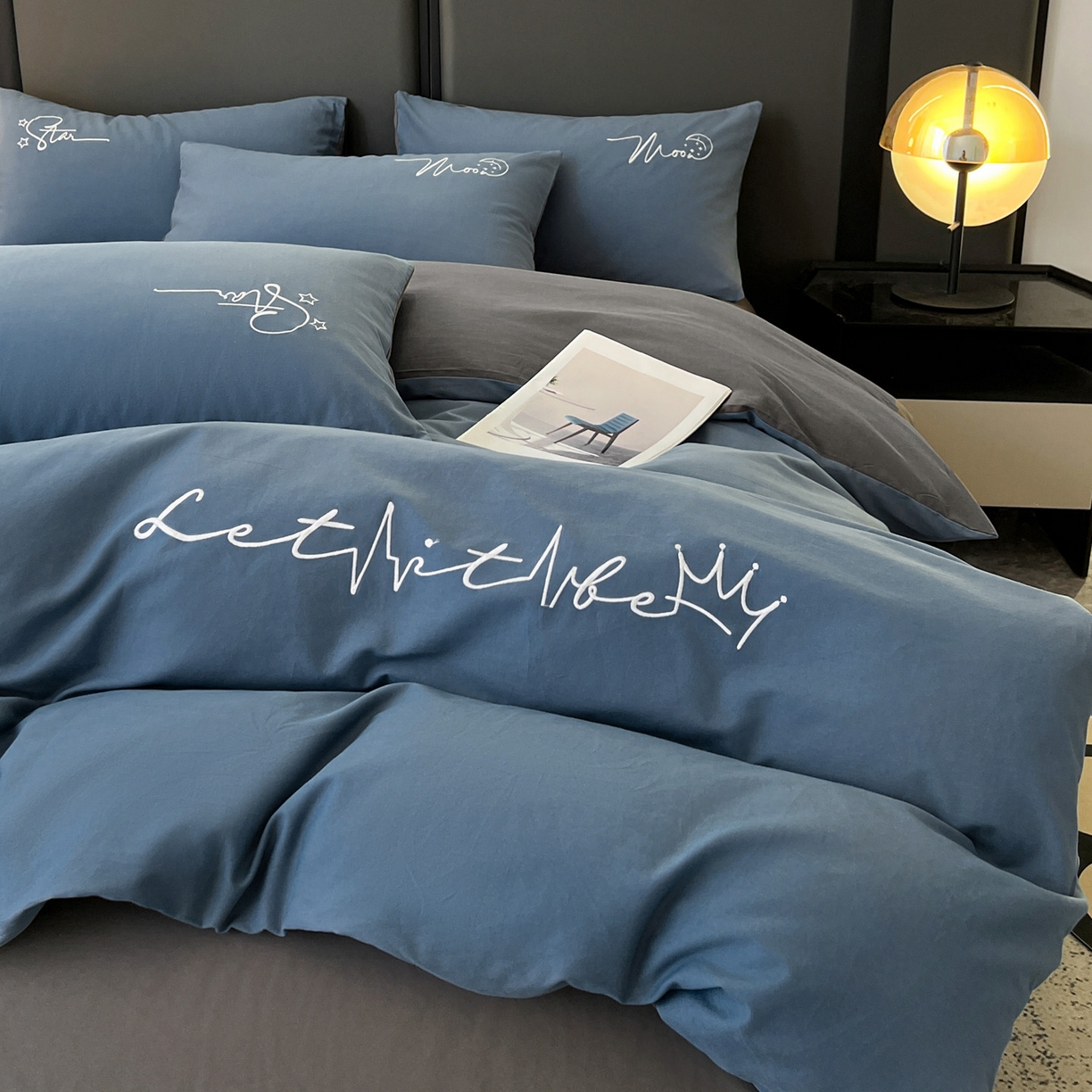 91家纺网 家纺一手货源 找家纺 有点武功  2025新款全棉纯色刺绣磨毛四件套（控价每个尺寸+30元） 深蓝灰