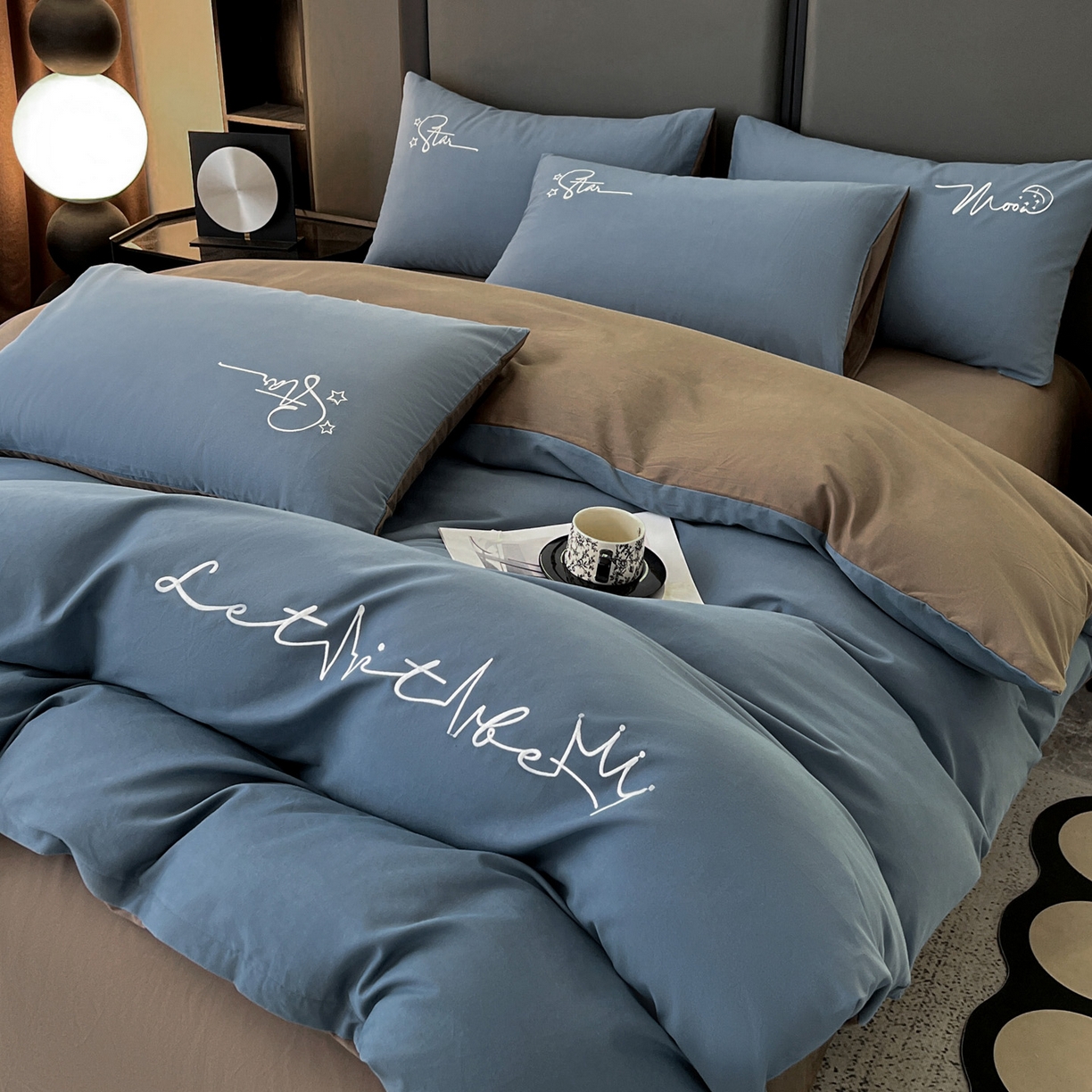 有点武功  2025新款全棉纯色刺绣磨毛四件套（控价每个尺寸+30元） 深蓝咖