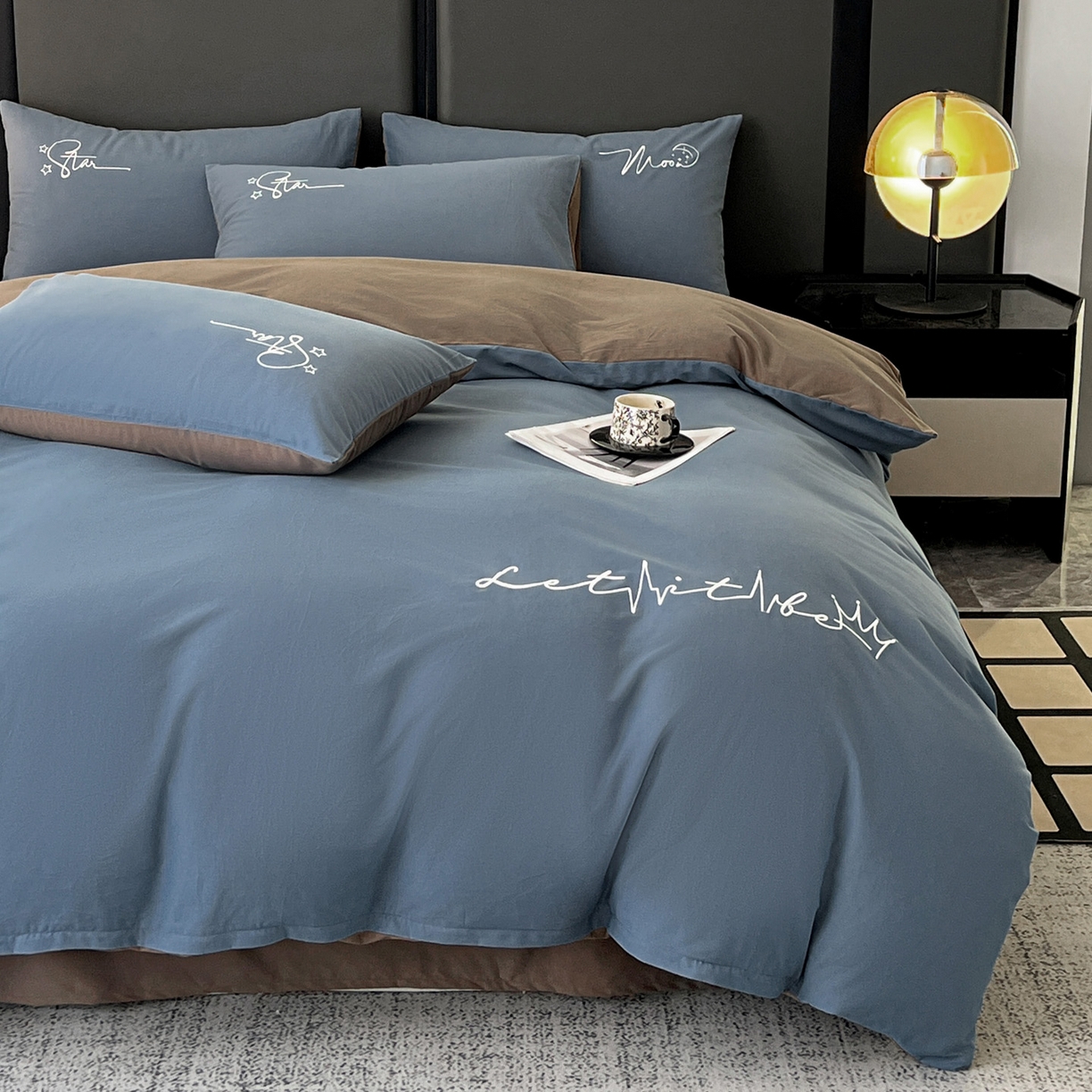 91家纺网 家纺一手货源 找家纺 有点武功  2025新款全棉纯色刺绣磨毛四件套（控价每个尺寸+30元） 深蓝咖