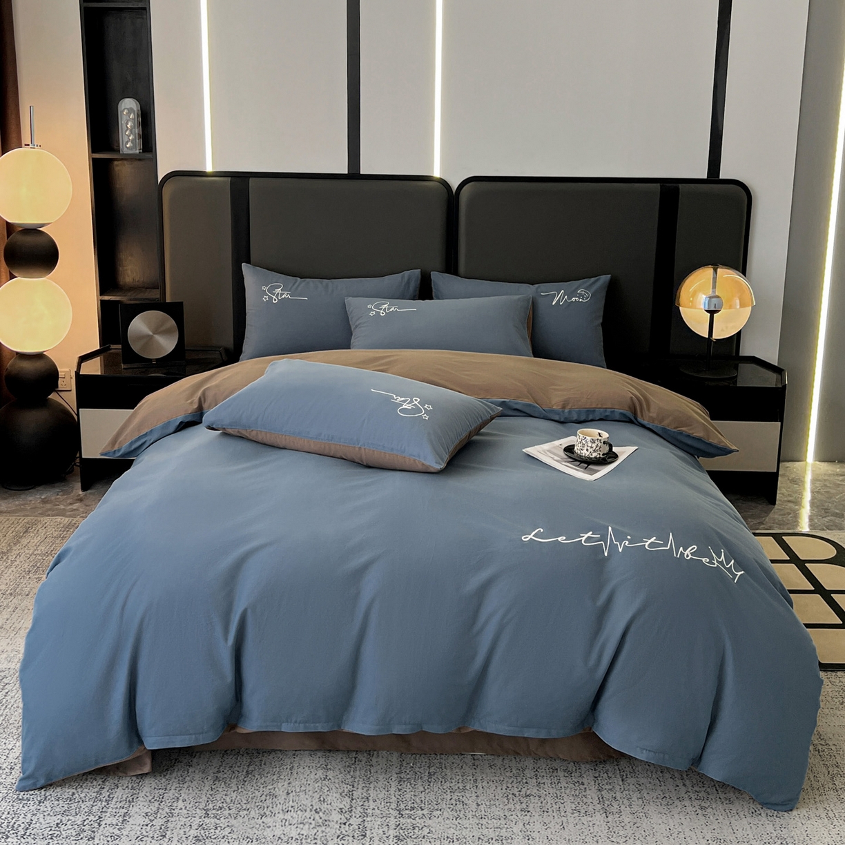 91家纺网 家纺一手货源 找家纺 有点武功  2025新款全棉纯色刺绣磨毛四件套（控价每个尺寸+30元） 深蓝咖