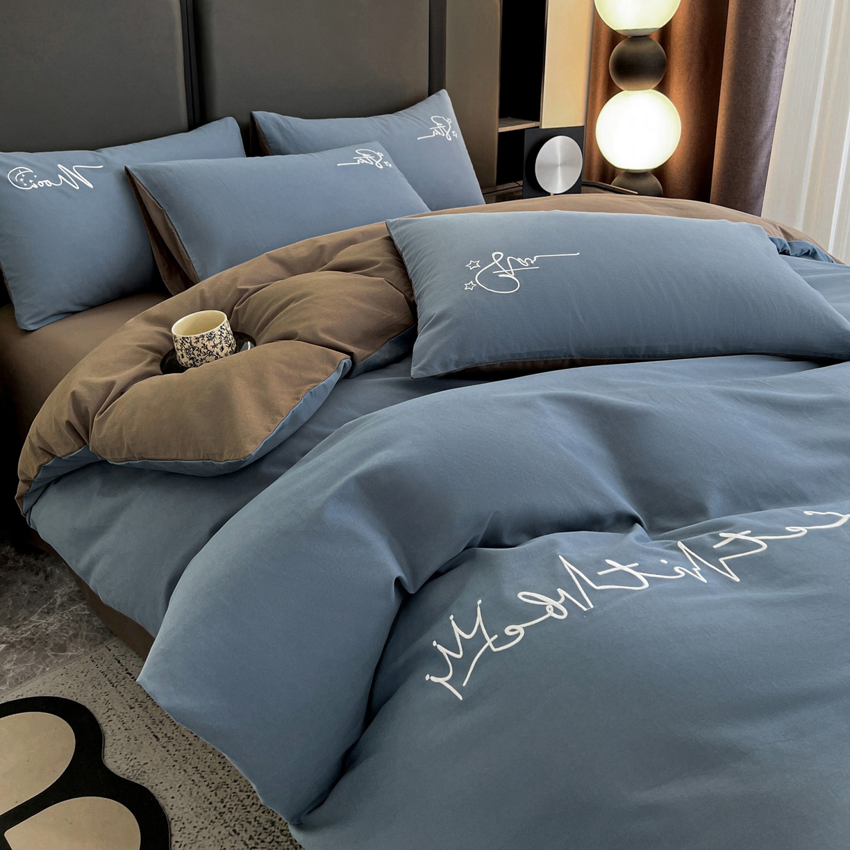 91家纺网 家纺一手货源 找家纺 有点武功  2025新款全棉纯色刺绣磨毛四件套（控价每个尺寸+30元） 深蓝咖