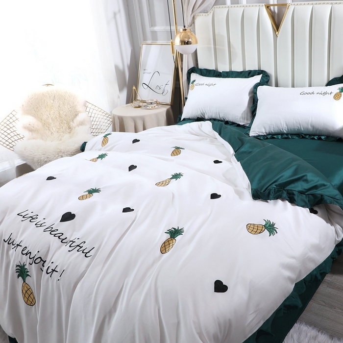 91家纺网 家纺一手货源 找家纺 晶缦家纺 2025新款韩版纯棉60支全棉贡缎长绒棉绣花四件套 依依菠萝-猫眼绿