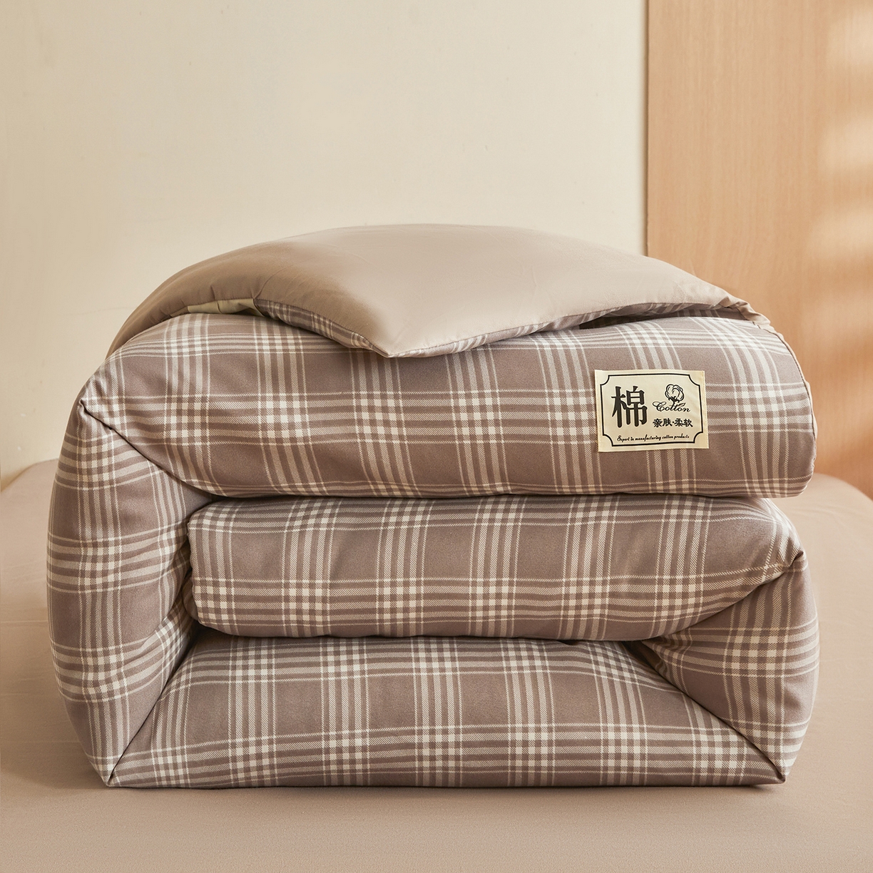 逸居家纺  2025新款A类可拆洗水洗棉棉花被冬被 深咖格
