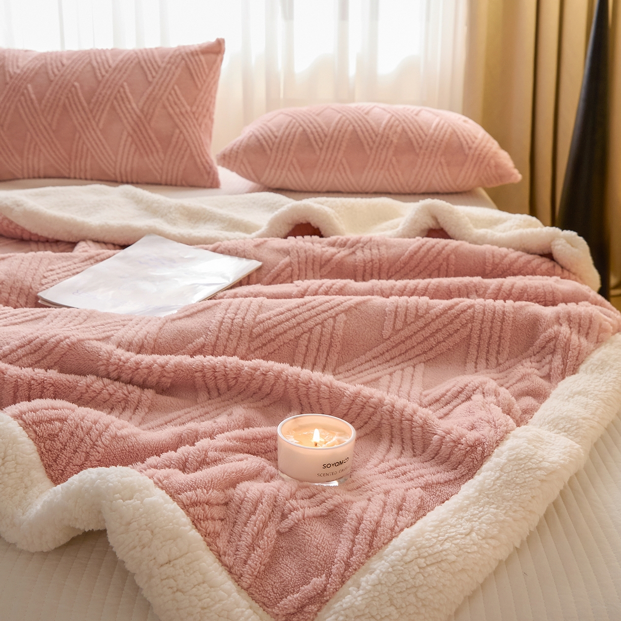 91家纺网 家纺一手货源 找家纺 欧邦 2025新款提花塔芙绒羊羔绒毛毯-素简系列 素简-豆沙