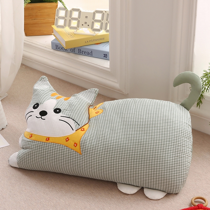 91家纺网 家纺一手货源 找家纺 金牛枕芯 2025新款全棉双层纱围巾猫荞麦枕儿童宝宝枕枕头枕芯 围巾猫-浅灰