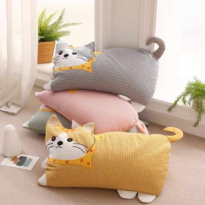 91家纺网 家纺一手货源 找家纺 金牛枕芯 2025新款全棉双层纱围巾猫荞麦枕儿童宝宝枕枕头枕芯 围巾猫-黄