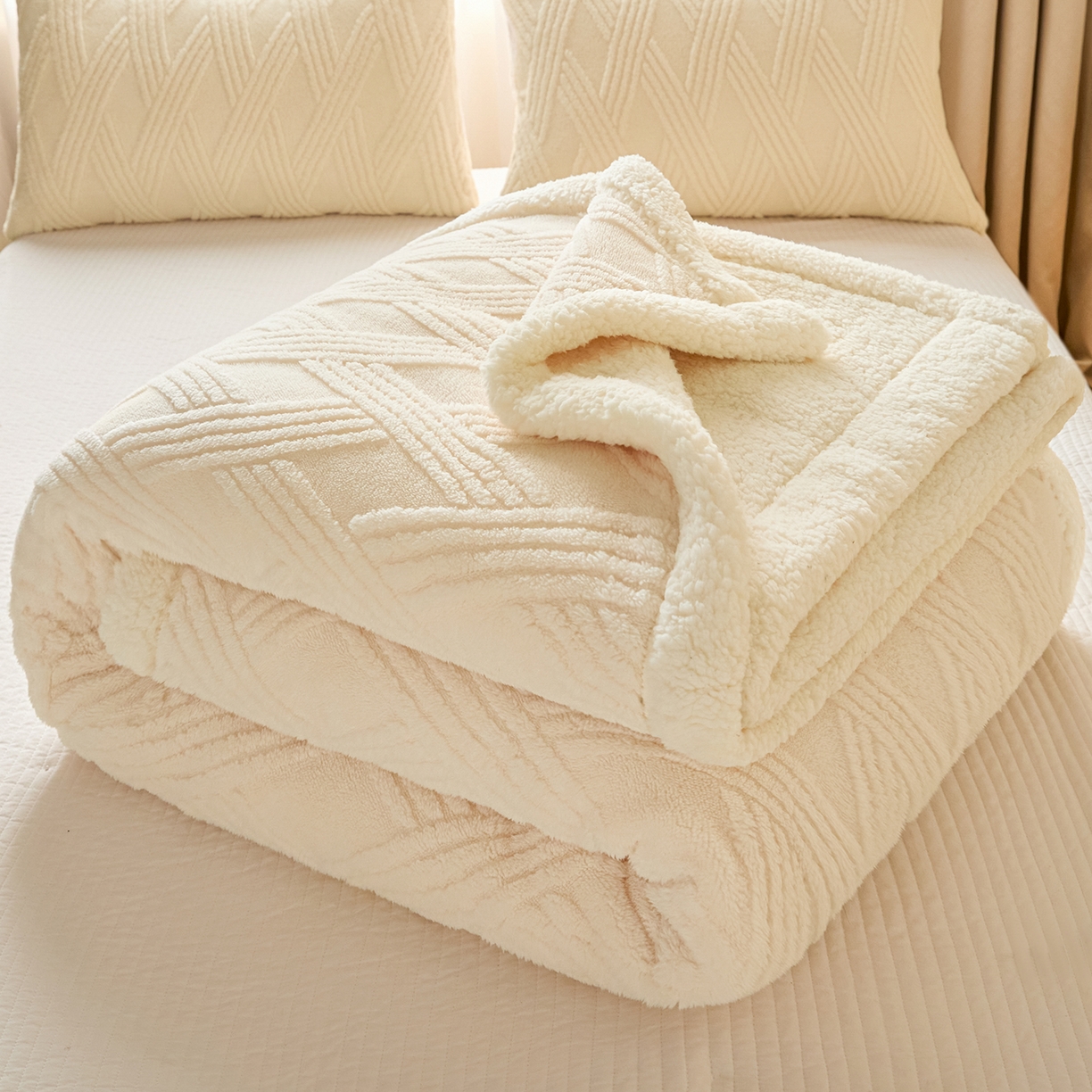 91家纺网 家纺一手货源 找家纺 欧邦 2025新款提花塔芙绒羊羔绒毛毯-素简系列 素简-米白