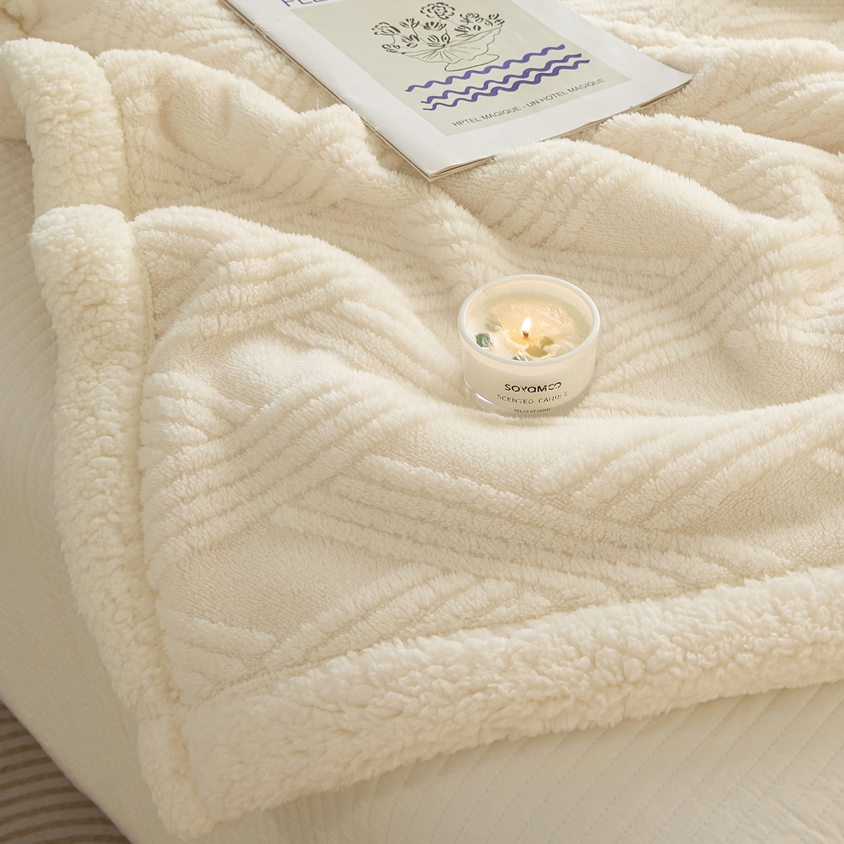 91家纺网 家纺一手货源 找家纺 欧邦 2025新款提花塔芙绒羊羔绒毛毯-素简系列 素简-米白