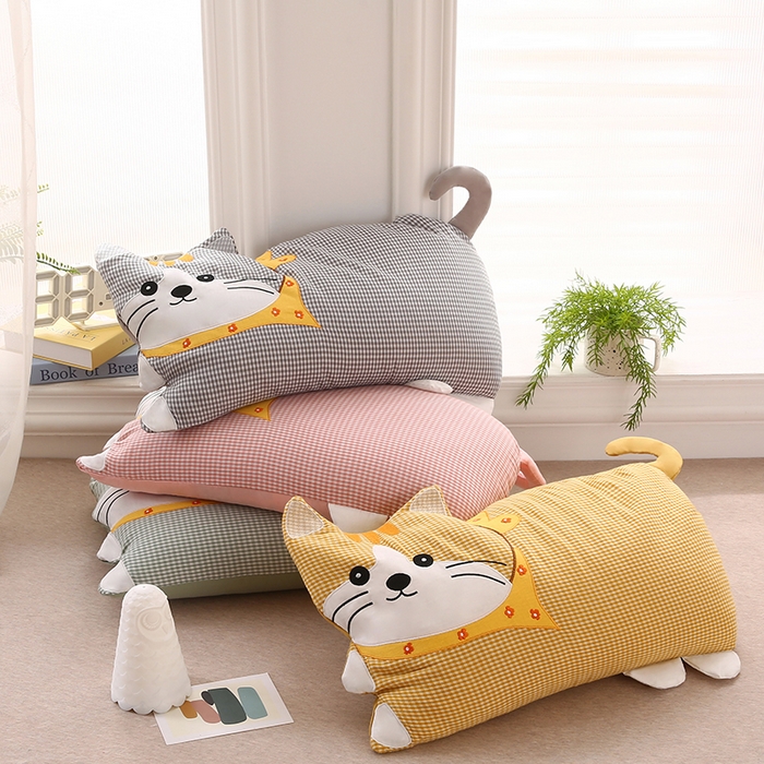 91家纺网 家纺一手货源 找家纺 金牛枕芯 2025新款全棉双层纱围巾猫荞麦枕儿童宝宝枕枕头枕芯 围巾猫-深灰