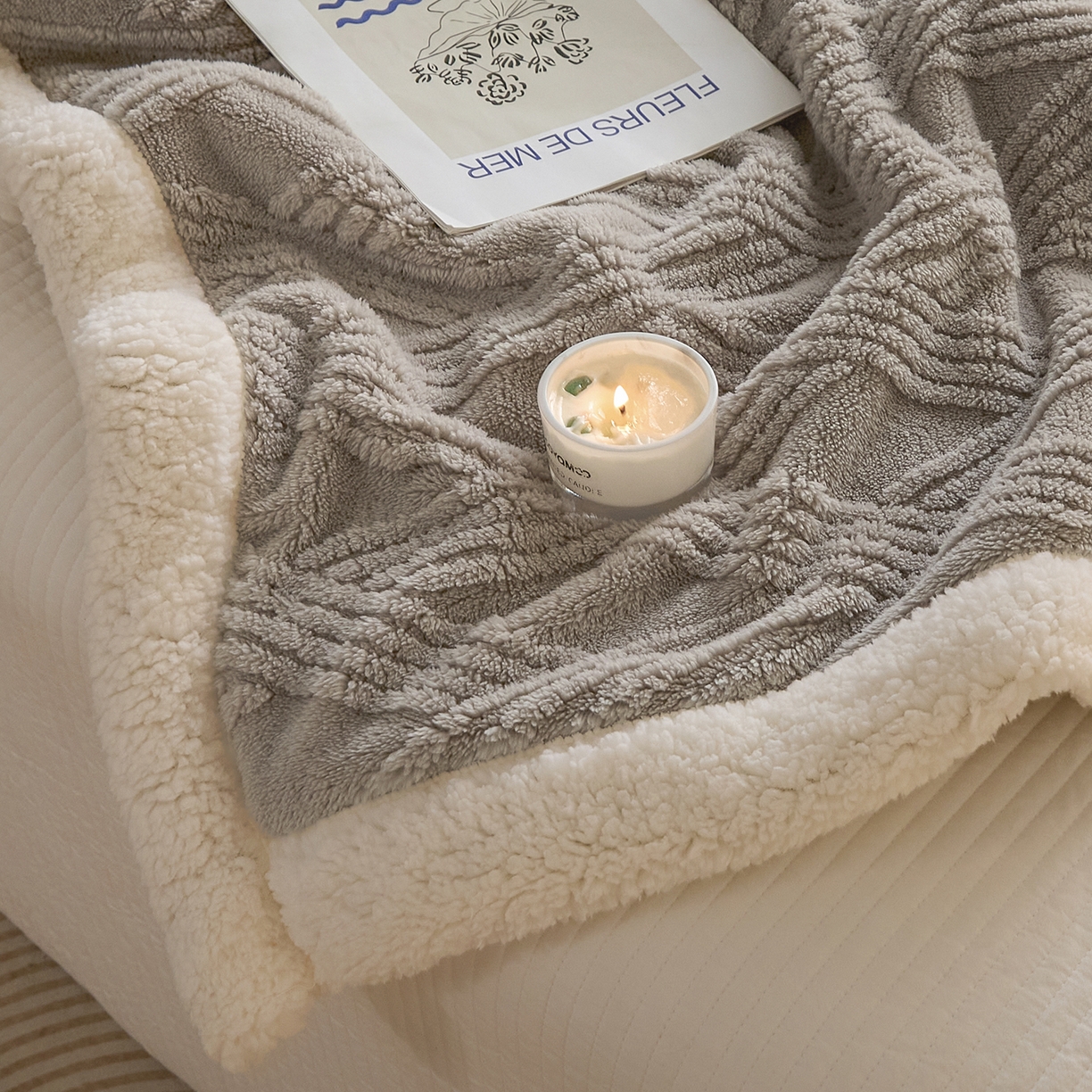 91家纺网 家纺一手货源 找家纺 欧邦 2025新款提花塔芙绒羊羔绒毛毯-素简系列 素简-浅灰