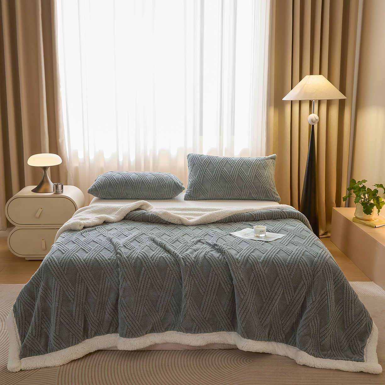 91家纺网 家纺一手货源 找家纺 欧邦 2025新款提花塔芙绒羊羔绒毛毯-素简系列 素简-深灰