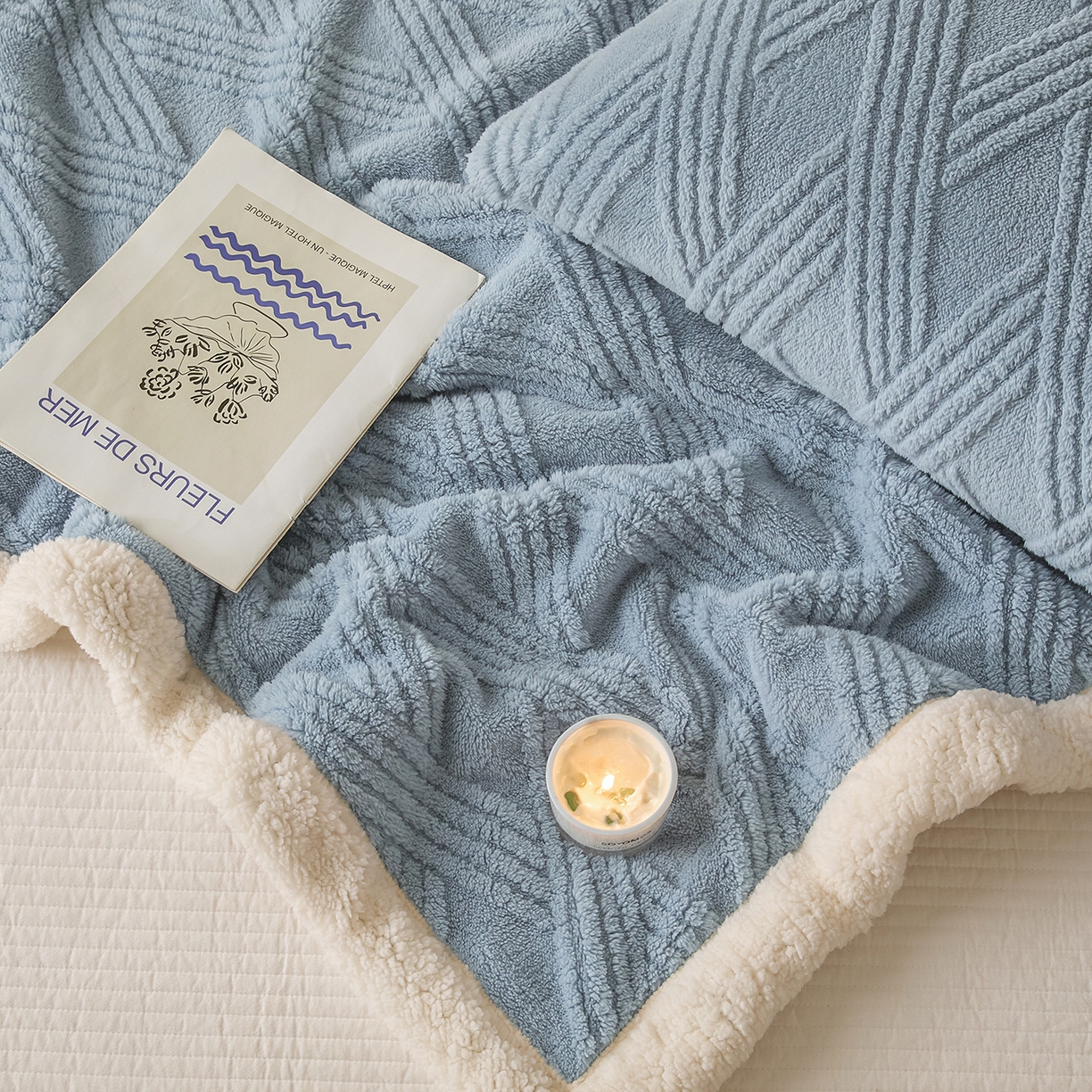 91家纺网 家纺一手货源 找家纺 欧邦 2025新款提花塔芙绒羊羔绒毛毯-素简系列 素简-雾蓝