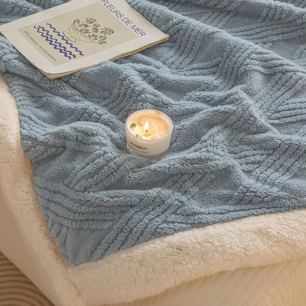 91家纺网 家纺一手货源 找家纺 欧邦 2025新款提花塔芙绒羊羔绒毛毯-素简系列 素简-雾蓝