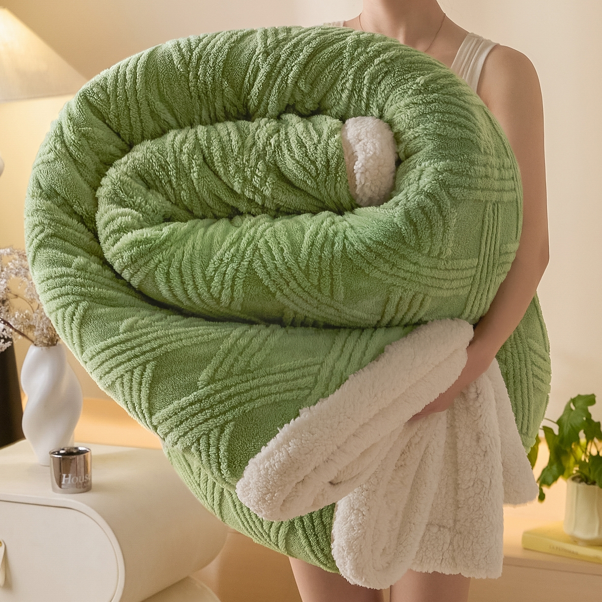 91家纺网 家纺一手货源 找家纺 欧邦 2025新款提花塔芙绒羊羔绒毛毯-素简系列 素简-雅绿