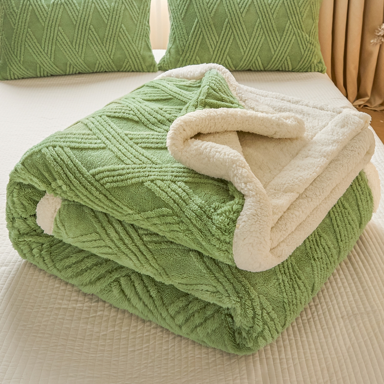 91家纺网 家纺一手货源 找家纺 欧邦 2025新款提花塔芙绒羊羔绒毛毯-素简系列 素简-雅绿