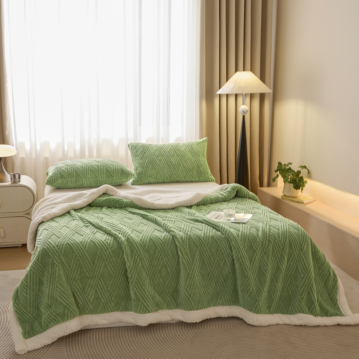 91家纺网 家纺一手货源 找家纺 欧邦 2025新款提花塔芙绒羊羔绒毛毯-素简系列 素简-雅绿