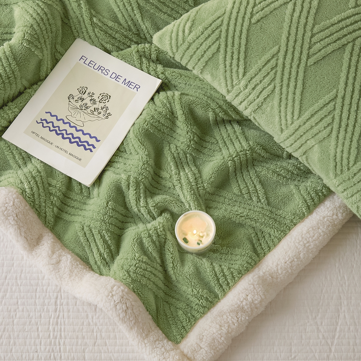 91家纺网 家纺一手货源 找家纺 欧邦 2025新款提花塔芙绒羊羔绒毛毯-素简系列 素简-雅绿