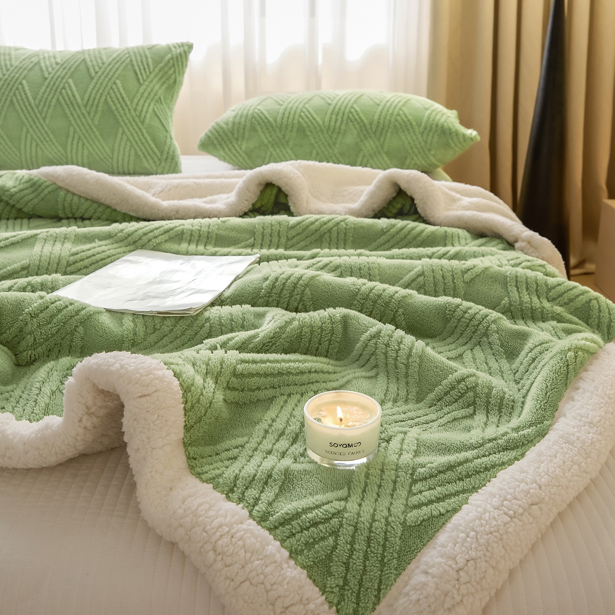 91家纺网 家纺一手货源 找家纺 欧邦 2025新款提花塔芙绒羊羔绒毛毯-素简系列 素简-雅绿