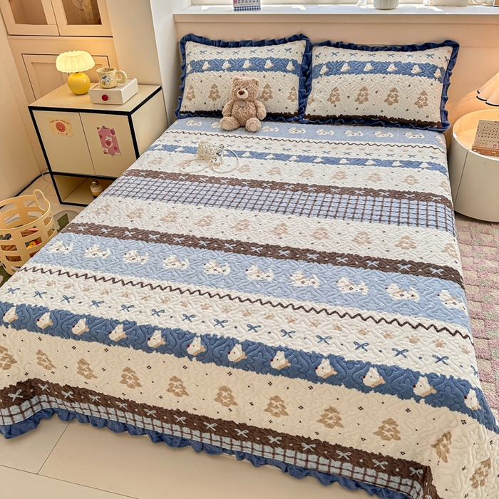 （总）岚吉家纺 2025新款牛奶绒小花边床盖三件套