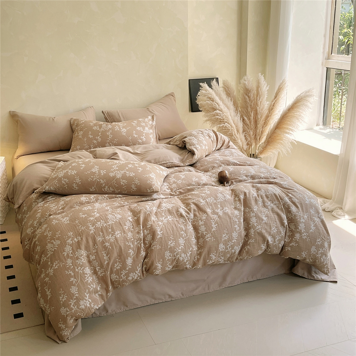 91家纺网 家纺一手货源 找家纺 佰亿莱 2026新款棉麻双层纱四件套第二批 南枝-卡其