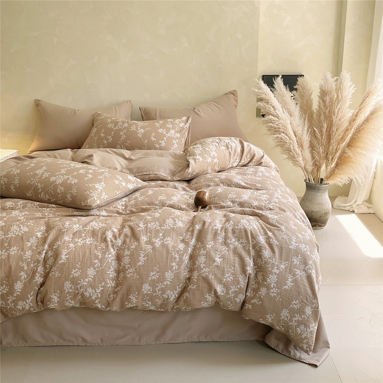 91家纺网 家纺一手货源 找家纺 佰亿莱 2026新款棉麻双层纱四件套第二批 南枝-卡其