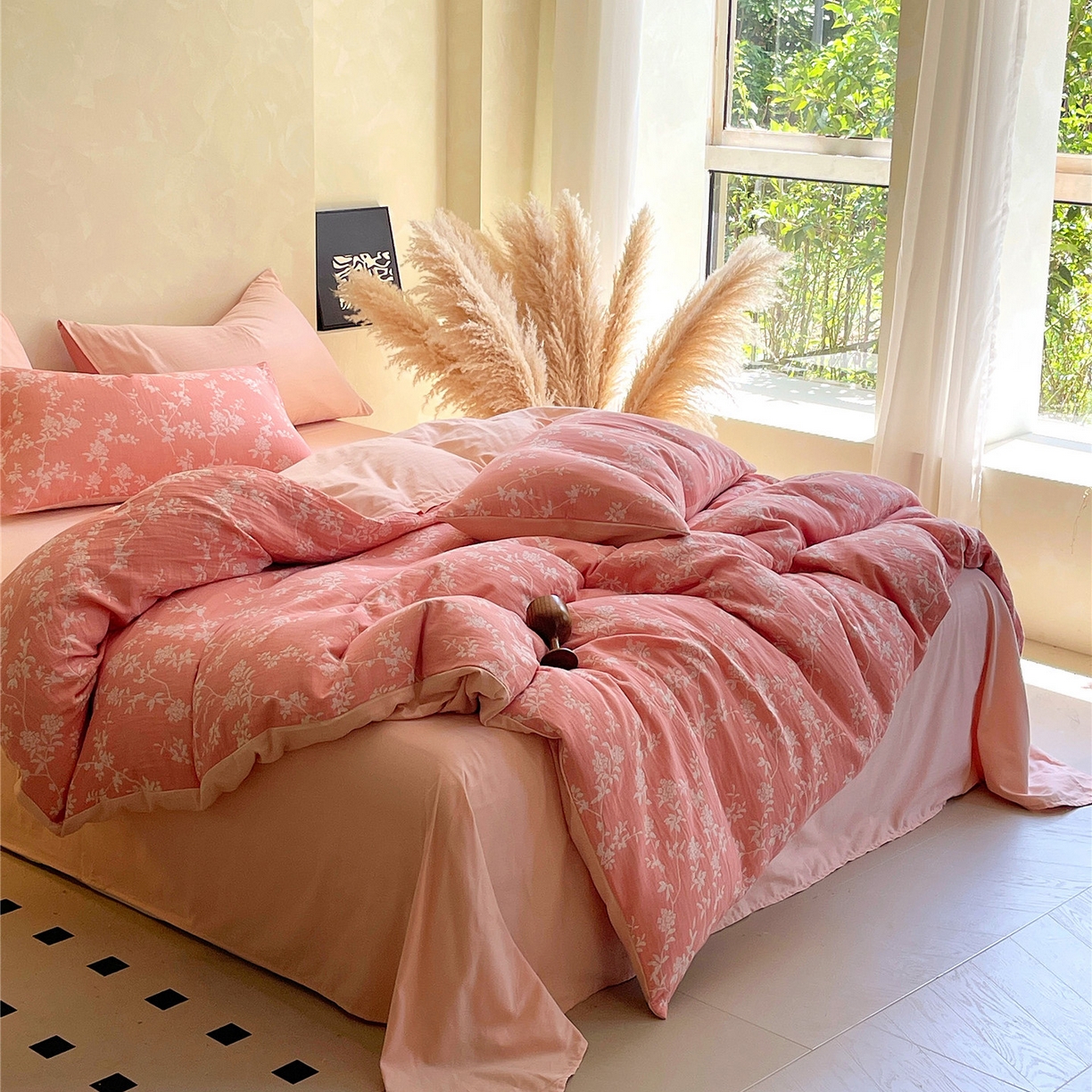 91家纺网 家纺一手货源 找家纺 佰亿莱 2026新款棉麻双层纱四件套第二批 南枝-粉